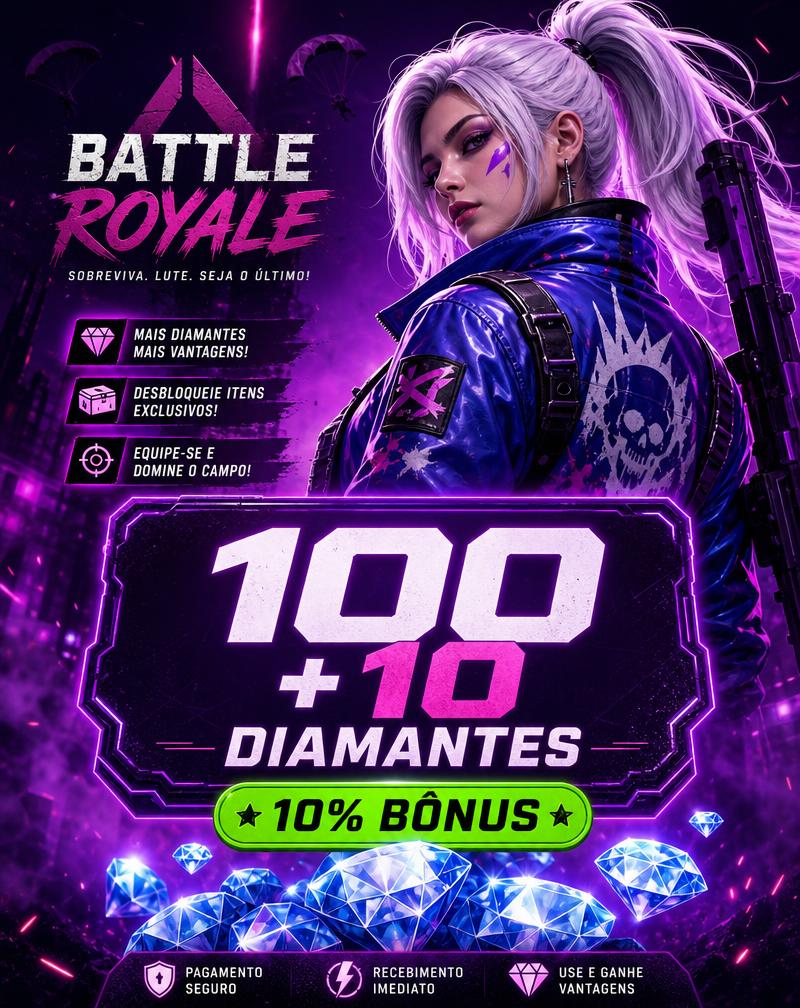 Pacote de 100 + 10 diamantes de Free Fire com 10% de bônus